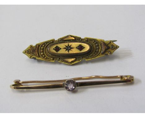 2 VINTAGE BAR BROOCHES, antique 9ct gold bar brooch, set ruby and diamonds, together with 1 other stoneset 9ct bar brooch, 3.