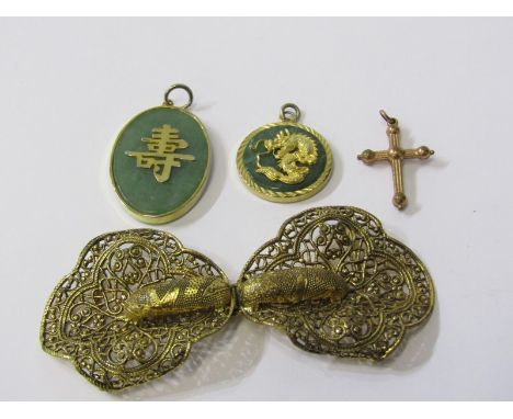 ORIENTAL PENDANTS, 2 jade pendants with gilt decoration, gilt decorated belt buckle and a plated cross 