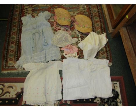VINTAGE FASHION, 2 straw floral decorated ladies bonnets and small collection of embroidered cotton child's garments, etc 