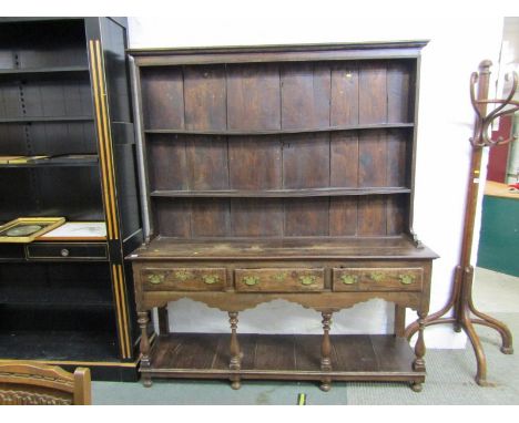 18th CENTURY OAK DRESSER, fitted 3 drawers on turned supports with pot shelf below, upper section fitted 2 open shelves with 