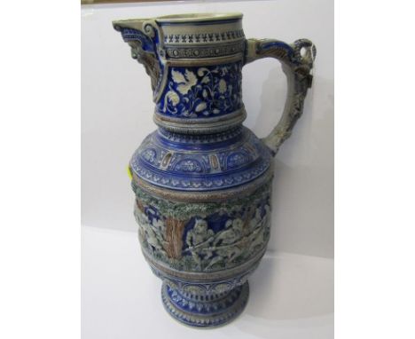 RHENDISH POTTERY JUG, large Rhendish pottery jug decorated hunting scenes of bears and bulls, with mask decorated spout, 45cm