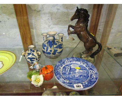 BESWICK HORSE, Welsh Cob, first version with brown colour way; also 2 Devon pottery flower holders, Edwardian porcelain condi