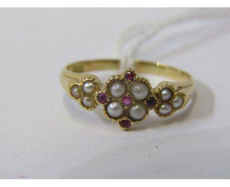 ANTIQUE 18ct YELLOW GOLD RUBY &amp; SEED PEARL RING, principal cluster of pearls and 5 accent brilliant cut rubies with 3 fur