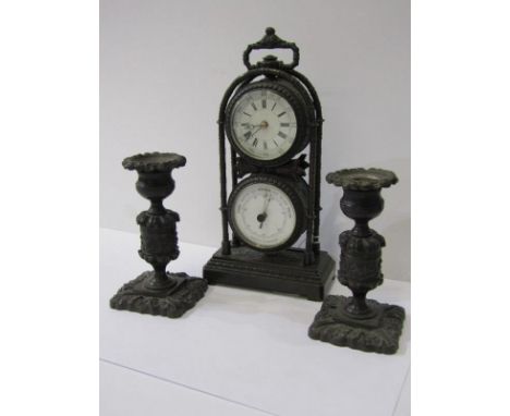 CLOCK GARNITURE, bronzed cased table top dual dial clock barometer with ornate relief decoration, 22cm height, together with 