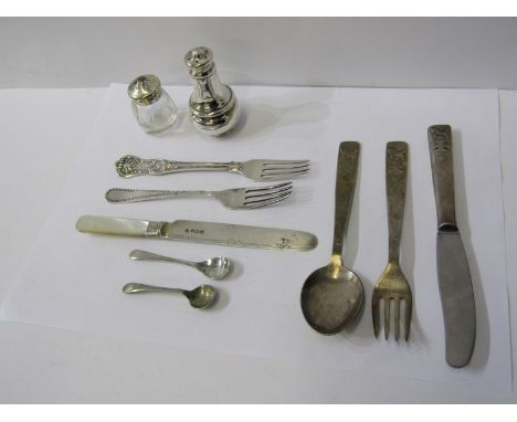 SCANDINAVIAN 3 PIECE CHRISTENING SET, also silver Kings pattern dessert fork, silver bladed mother-of-pearl butter knife, con