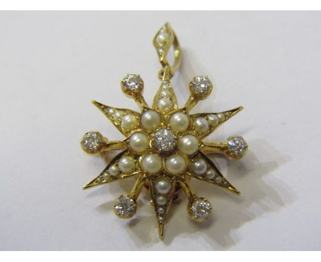 VINTAGE 15ct YELLOW GOLD DIAMOND &amp; SEED PEARL STAR CONVERTER PENDANT/BROOCH, approx 9 grams, 7 bright well matched brilli