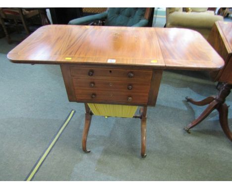 REGENCY MAHOGANY NEEDLEWORK TABLE, crossbanded with drop leaf, fitted drawers and pleated fabric body on pair of arched suppo