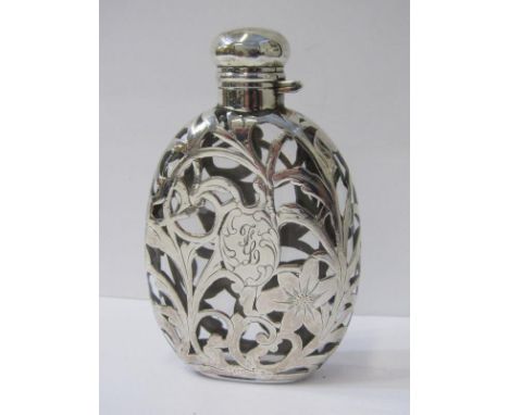 STERLING SILVER CASED GLASS HIP FLASK, with ornate scroll and floral design, 10cm height 