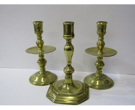 EARLY METALWARE, Georgian brass octagonal base 22cm candlestick; together with pair of early brass design circular base 22cm 