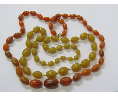2 VINTAGE UNTESTED STRINGS OF GRADUATED AMBER BEADS, 1 on 9ct yellow gold clasp 