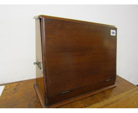 EDWARDIAN STATIONARY BOX, mahogany table top fall front stationary rack with fitted interior, 35cm width 