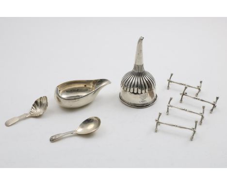 A MIXED LOT:- A George III wine funnel, with part-fluted decoration, crested and initialled, by R. Emes &amp; E. Barnard, Lon