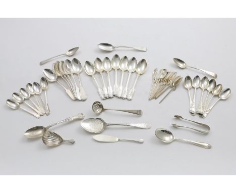 A MIXED LOT:- A set of seven Edwardian Fiddle, Thread &amp; Shell pattern tea spoons, initialled, a set of six Art Deco coffe