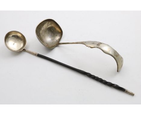 A DUTCH SOUP LADLE and a George III Scottish toddy ladle with a twisted whalebone handle, maker's mark only "RG", by Robert G