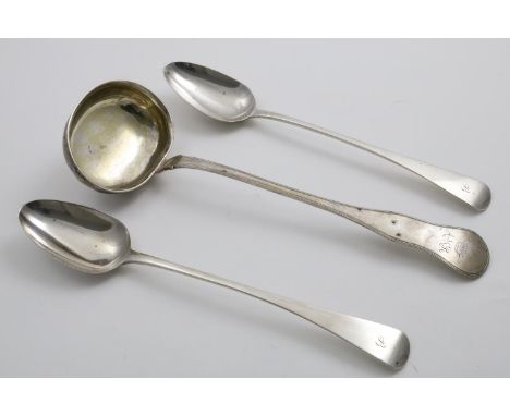 A PAIR OF GEORGE III OLD ENGLISH PATTERN BASTING OR SERVING SPOONS initialled "B", by Soloman Hougham, London 1814 and a Dani