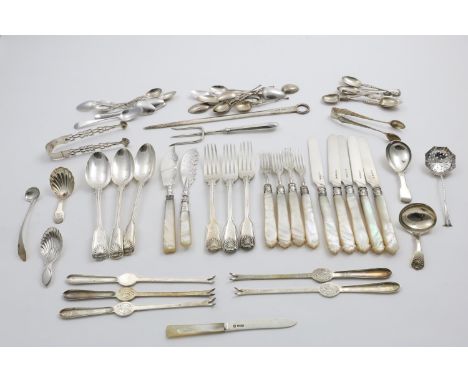 MISCELLANEOUS FLATWARE &amp; CUTLERY:- Five Victorian mother of pearl handled dessert knives and four forks, two mother of pe