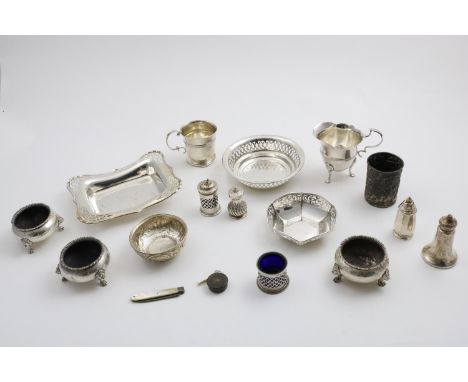 A MIXED LOT:- An Edwardian rectangular bonbon dish, two other bonbon dishes, a tape measure, a set of three Edwardian salts o