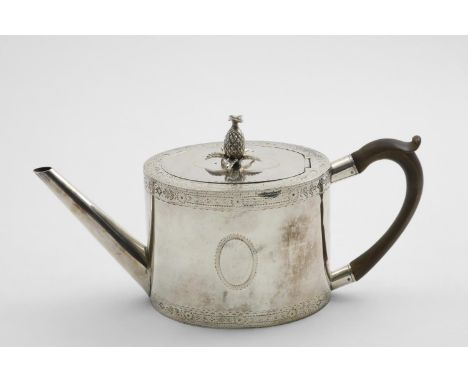 A GEORGE III BRIGHT-CUT OVAL TEA POT with a pineapple finial and a vacant oval cartouche on each side, Thomas Pratt &amp; Art