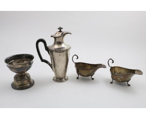 AN EDWARDIAN TAPERING HOT WATER JUG by Messrs. Hutton &amp; Sons, London 1905, a pair of sauce boats by Jays (of Oxford Stree