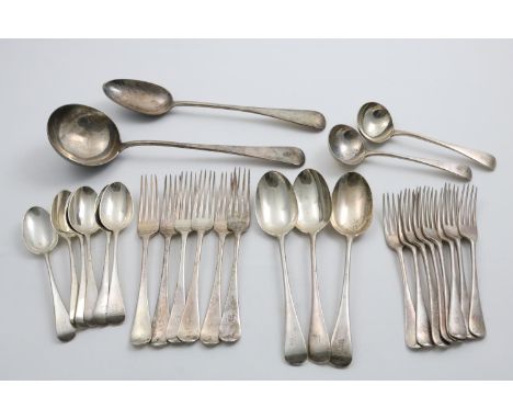A LATE VICTORIAN PART-SERVICE OF OLD ENGLISH PATTERN FLATWARE TO INCLUDE:- Three table spoons, six table forks, eight dessert
