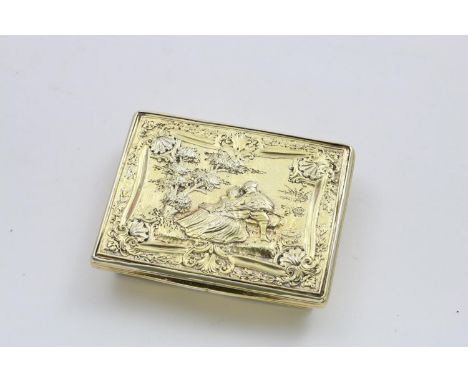 A GEORGE II SILVERGILT RECTANGULAR SNUFF BOX with chased decoration and a scene with serenading lovers in a woodland setting 