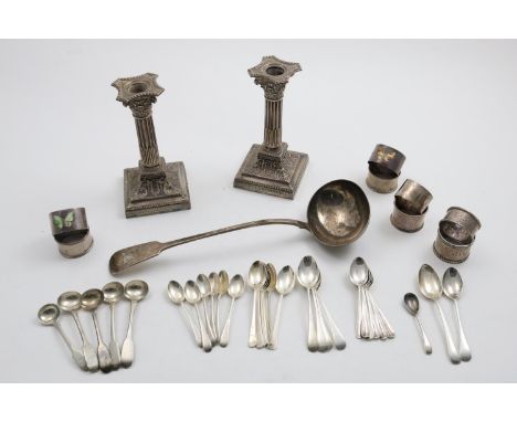 A MIXED LOT:- A pair of late Victorian dressing table candlesticks with detachable nozzles, inscribed around the bases, by Ja