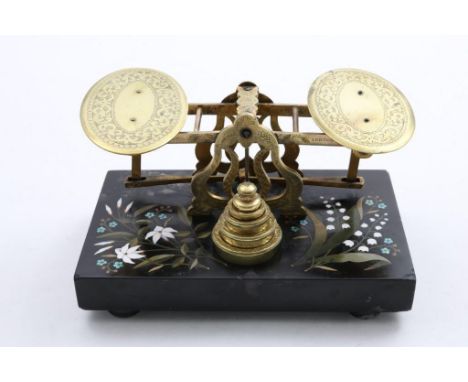 A SET OF VICTORIAN LETTER SCALES by S. Mordan and Co., engraved brass with weights on inlaid pietra dura base