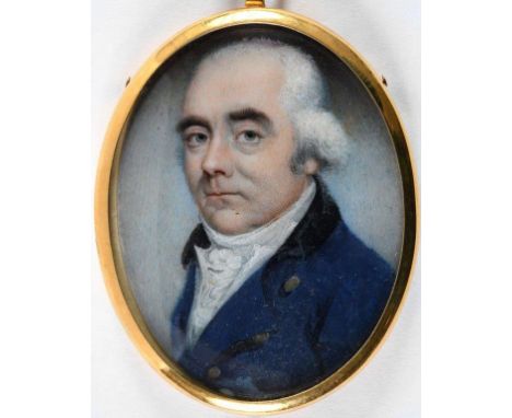 ENGLISH SCHOOL c.1800 Miniature portrait of a gentleman wearing blue jacket, head &amp; shoulders, on ivory, 6 x 4.5 cms