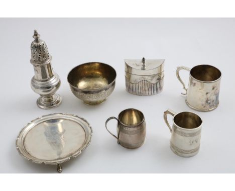 A MIXED LOT:- An Edwardian tea caddy with part-fluted decoration by James Dixon &amp; Sons, Sheffield 1904, a George III smal
