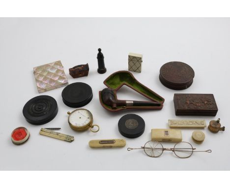 A MIXED LOT:- A Victorian mother of pearl card case, three various ivory toothpick boxes, two other small ivory boxes, a moun