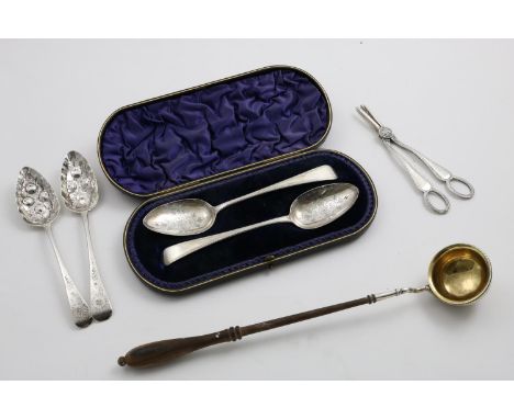 A MIXED LOT:- A cased pair of George III table spoons with engraved decoration, a pair of George III later-decorated or "berr