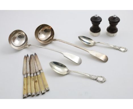 A MIXED LOT:- A late Victorian Fiddle pattern soup ladle by Francis Higgins, London 1892, a pair of North American decorative