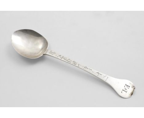 A CHARLES II "FROST FAIR" SOUVENIR TREFID SPOON with a worn, ribbed rattail bowl, inscribed on the front of the terminal "EL"