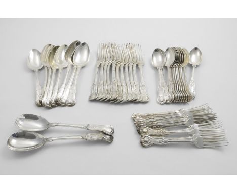 ASSORTED KING'S PATTERN FLATWARE:- A set of twelve George V dessert spoons and ten dessert forks, by William Hutton &amp; Son