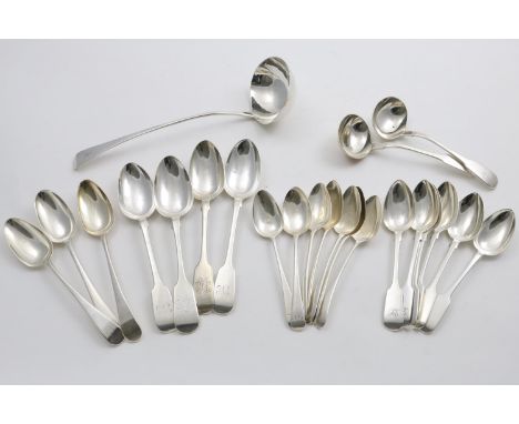 A MIXED LOT:- A George III Old English pattern soup ladle, initialled,  a set of six Victorian Exeter-made Fiddle pattern des
