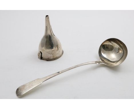 A GEORGE III WINE FUNNEL funnell with reeded borders, initialled, by Solomon Hougham, London 1803 and a George III Fiddle pat