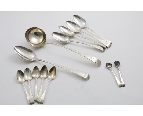 OLD ENGLISH PATTERN, GEORGE III PERIOD TO INCLUDE:- A soup ladle, a basting spoon, a set of four table spoons, five tea spoon