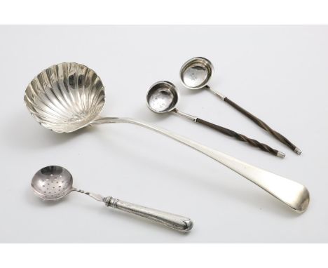A GEORGE III OLD ENGLISH PATTERN SOUP LADLE with a fluted bowl, by Solomon Hougham, London 1902, a pair of George III toddy l