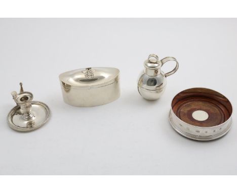 AN ELIZABETH II MINIATURE CHANNEL ISLES MILK CAN with a pull-off cover by Bruce Russell of Guernsey, a small chamberstick wit