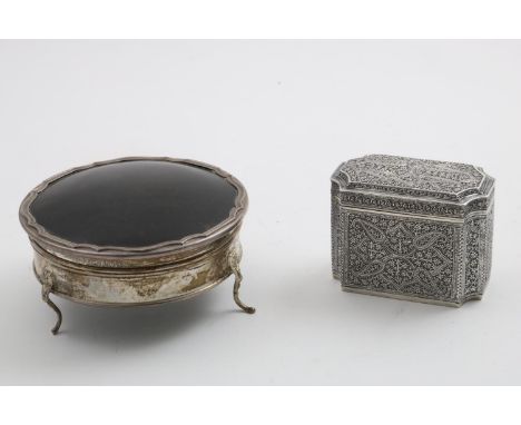 A LATE 19TH CENTURY INDIAN (KASHMIR) TEA CADDY rectangular with incurved corners and profusely chased decoration, gilt interi