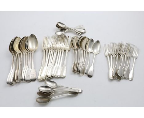 A GEORGE III - VICTORIAN COLLECTED OR HARLEQUIN CANTEEN OF FIDDLE PATTERN FLATWARE TO INCLUDE:- Twelve table spoons, twelve t