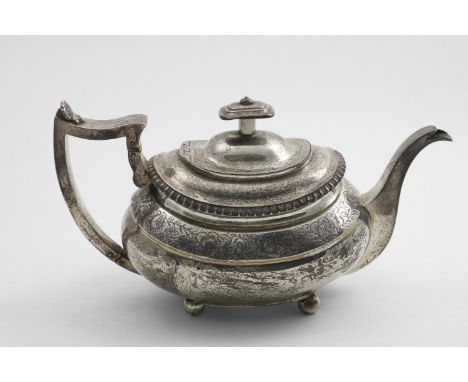 A GEORGE III SCOTTISH TEA POT on ball feet, with an engraved frieze, gadrooned border and a large knop finial by W. Marshall,