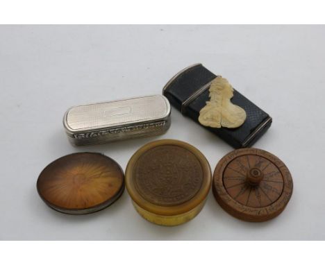 A SILVER SNUFF BOX rounded rectangular, Birmingham c.1830 (worn); 9 cms, a horn and silver snuff box, oval c.1800, a leather 