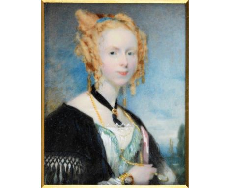 ATTRIBUTED TO ANDREW ROBERTSON Miniature portrait of a lady with blonde hair in ringlets and wearing black shawl, on ivory; 8