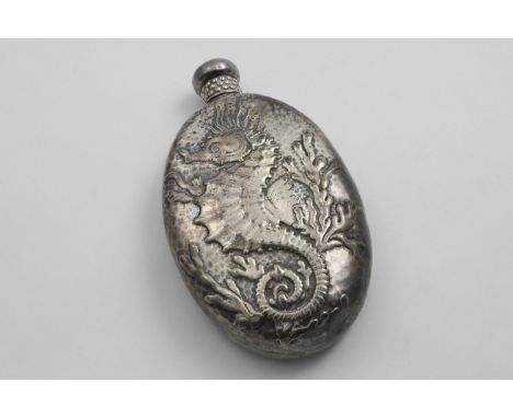 A LATE 19TH / EARLY 20TH CENTURY NORTH AMERICAN SPIRIT FLASK decorated in relief with a seahorse against a hammered ground, w