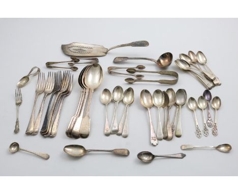 MISCELLANEOUS FLATWARE TO INCLUDE:- A set of four Victorian Fiddle pattern table spoons, initialled, a George III Fiddle patt