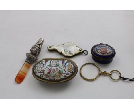 A SILVER GILT AND ENAMEL SNUFF BOX probably German c.1740; 7.5 cms (damaged), a Victorian silver mounted teether, a silver an