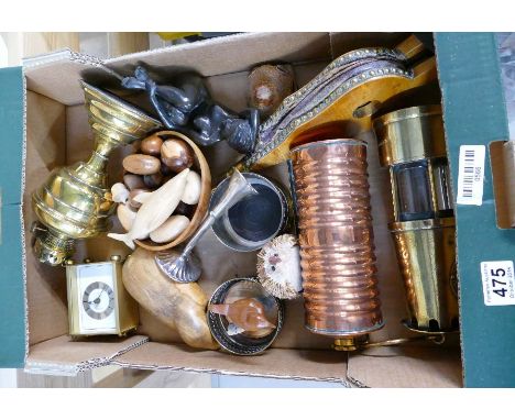 A good mixed collection of items to include Eccles type A1 miners lamp, gas lamp, car wood items and bronze resin lady figure