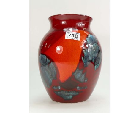 Poole pottery vase,decorated with a red, orange and blue abstract design signed A Clarke 1999, height 25cm