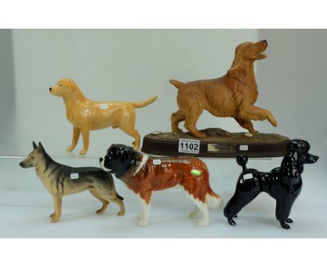 Beswick Spaniel on ceramic plinth 2980 in golden matt colourway, St Bernard 2221, Labrador 1548, Black Poodle 2359 and an Als